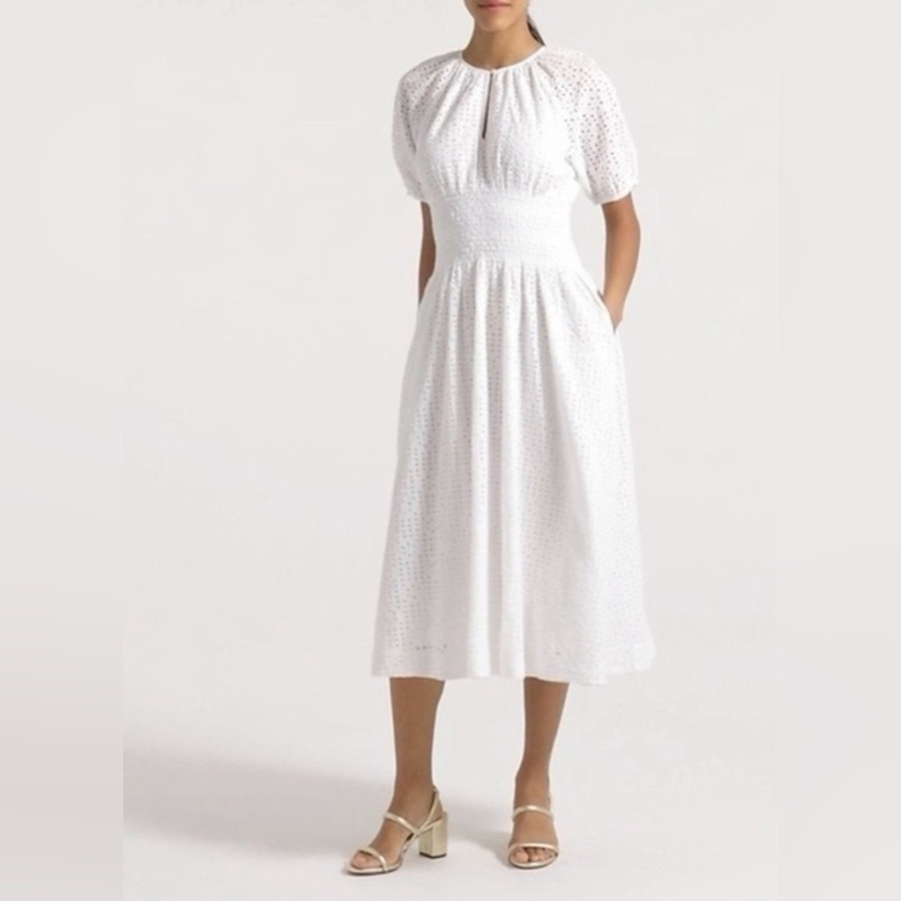 JCrew Provence Women's White Eyelet Midi Dress - Smocked Waist size XS NWT